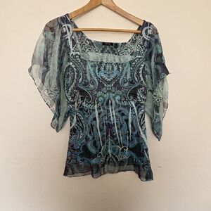 Apt 9 Flowy Airy Fairy Floral Boho Open Sleeve Blouse Large Teal Blue Purple